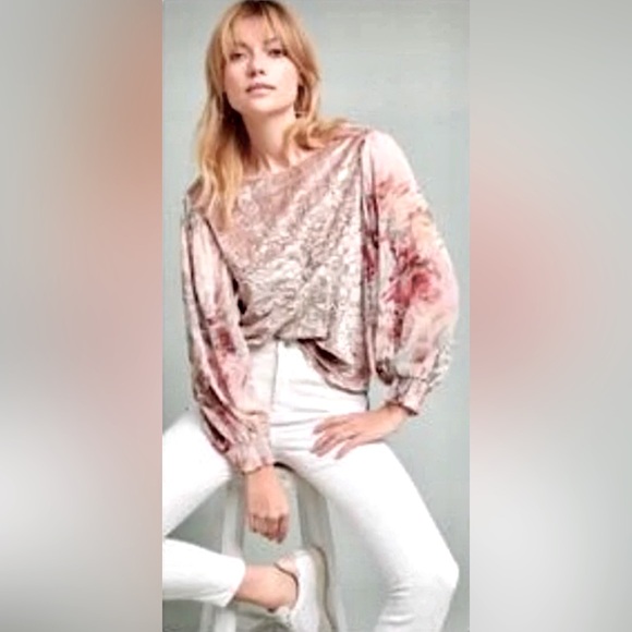 Anthropologie Meadow Rue Romantic Crushed Velvet Top w Chiffon Balloon Sleeves - Picture 4 of 9